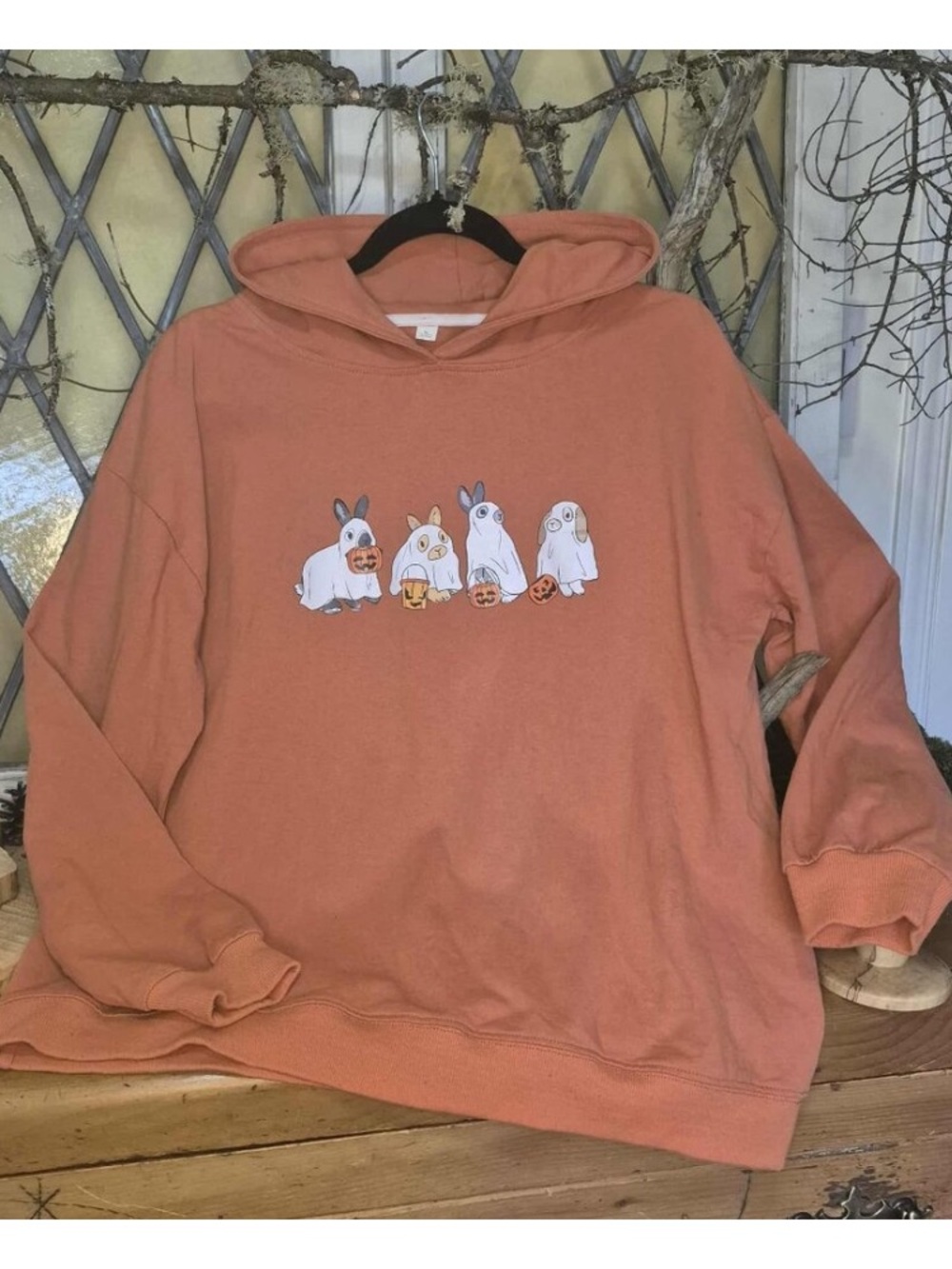 Orange Hoodie Sweatshirt with 4 Ghosts Rabbits and Pumpkins for Halloween